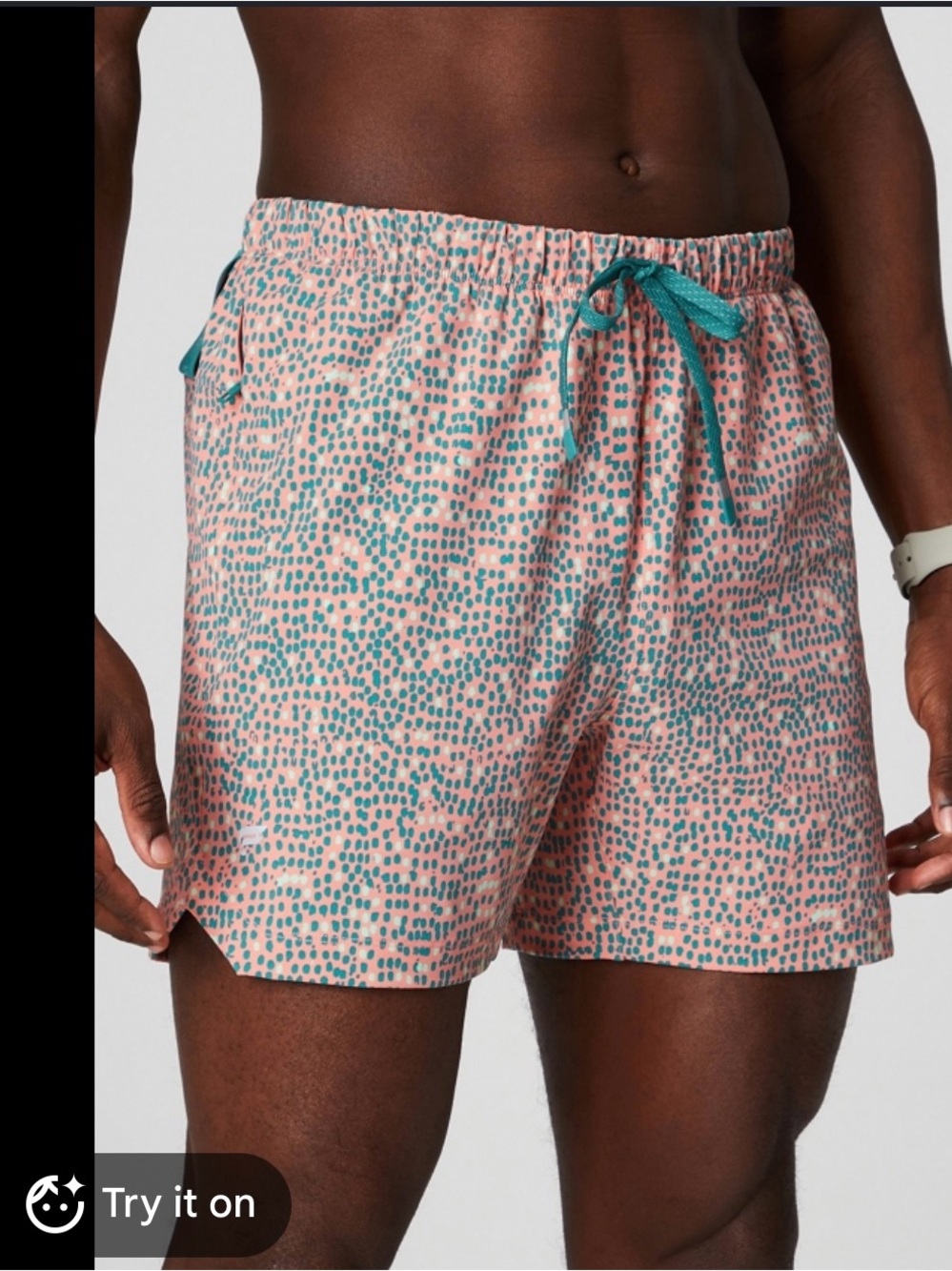 Fabletics Mens Pink Teal Dot-Print Drawstring Shorts; Size medium